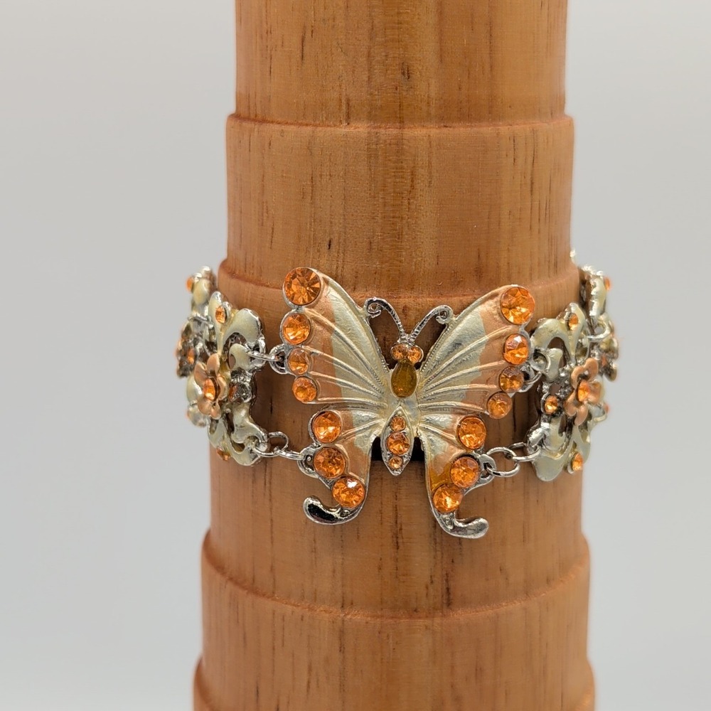 Gold And Silver Tone Enamel Butterfly Floral Link Bracelet Orange Rhinestone - Picture 2 of 16